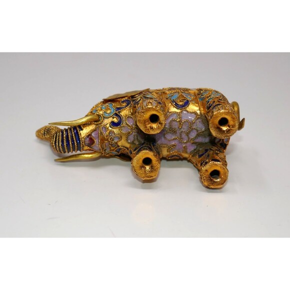 Cloisonné Lucky Asian Elephant Figurine Vibrant Floral Design Brass Enamel - Picture 6 of 7